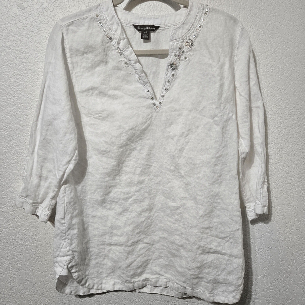 Tommy Bahama Women’s 100% Linen Tunic 3/4 Sleeve V-neck Shirt Size Small White